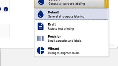 Il software Brady Workstation visualizza un elenco di selezione con diversi modalità di stampa come Bozza, Precisione e Vivida.